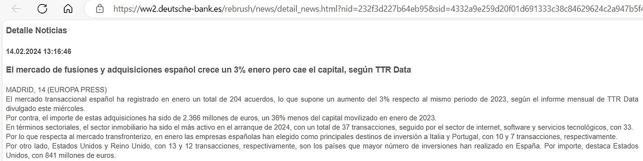 El mercado de fusiones y adquisiciones español crece un 3% enero pero cae el capital, según TTR Data